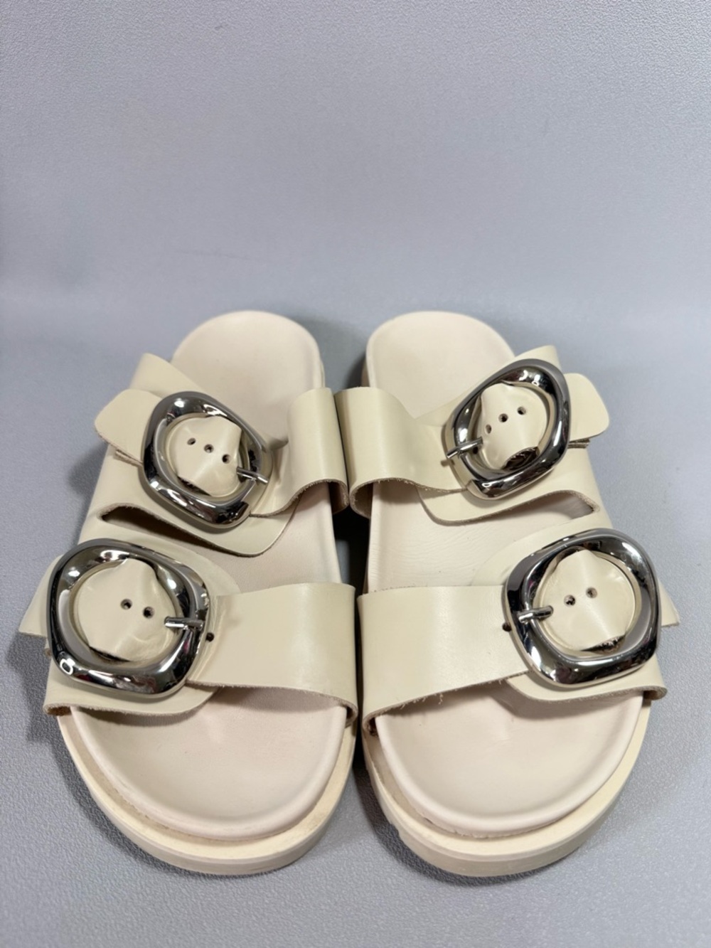 Anthropologie Cream Leather Buck Double Buckle Slide Sandals